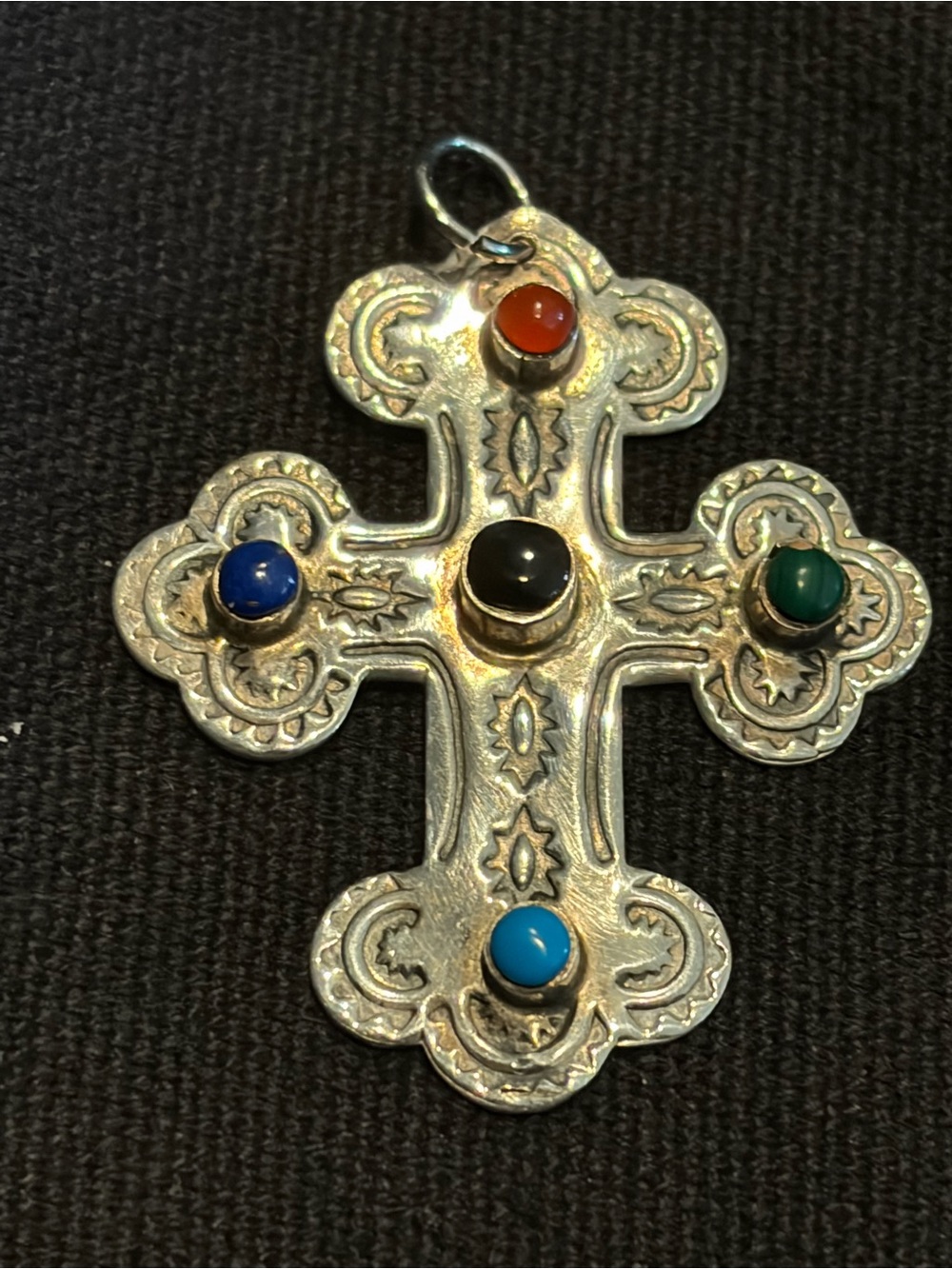 Vintage-Inspired Multistone 925 Silver Cross Pendant with multi colored stones